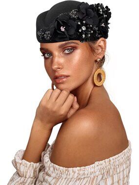 Women's British Felt hat Church Derby Headdress Floral Beret hat Black